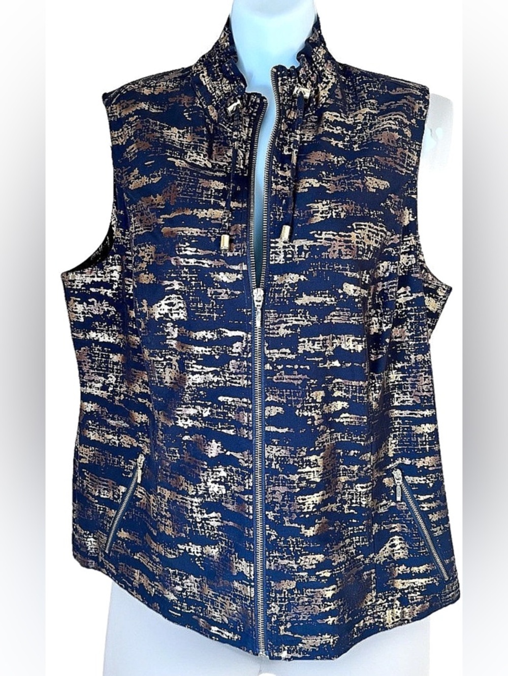 ⚜️ZENERGY⚜️ METALLIC FOIL GEO PRINT ZIP UP POCKETS TOGGLE STRING MOCK NECK VEST